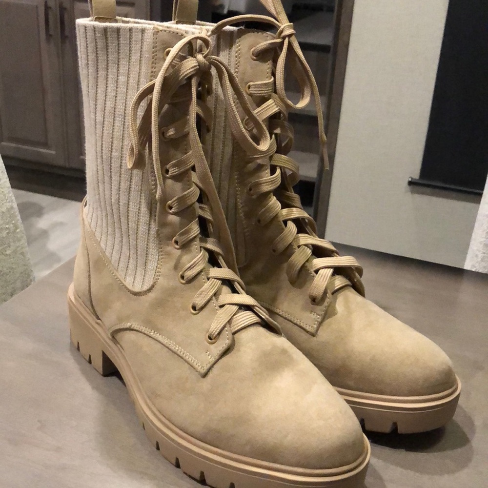 Portland Leather Beige Lace-Up Knit-Panel Combat Boots